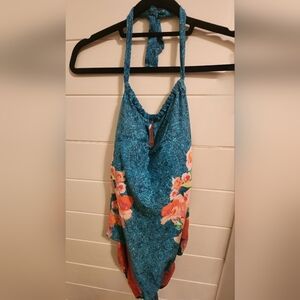 Vera Bradley Blue Floral Print Ruby Keyhole High-Neck One-Piece Swimsuit